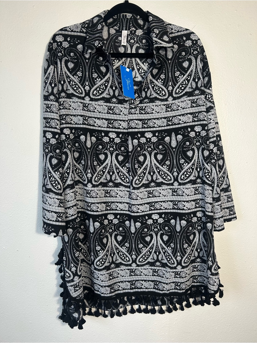 Black & White Paisley Button-Front Tunic with Tassel Hem
